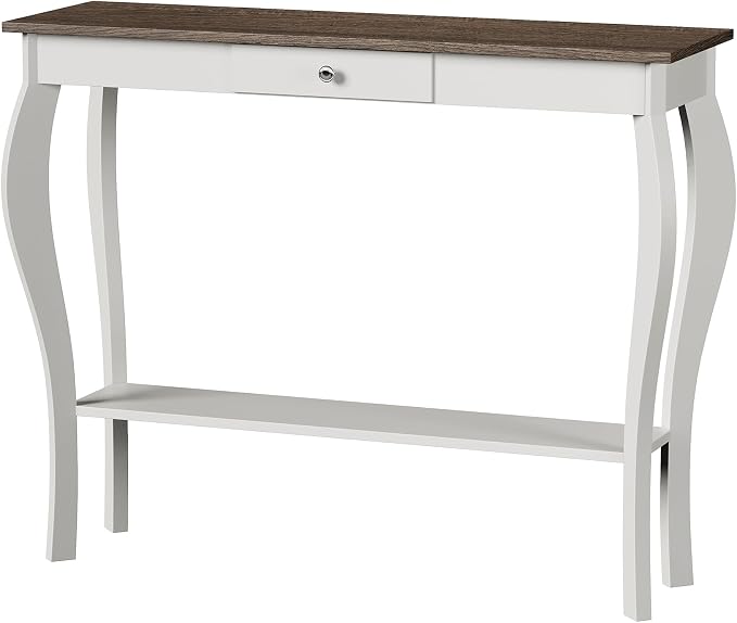 ChooChoo Narrow Farmhouse Console Table with Drawer, Chic Accent Sofa Entryway Table with Shelves for Entryway, Living Room, Hallway, Soft White
