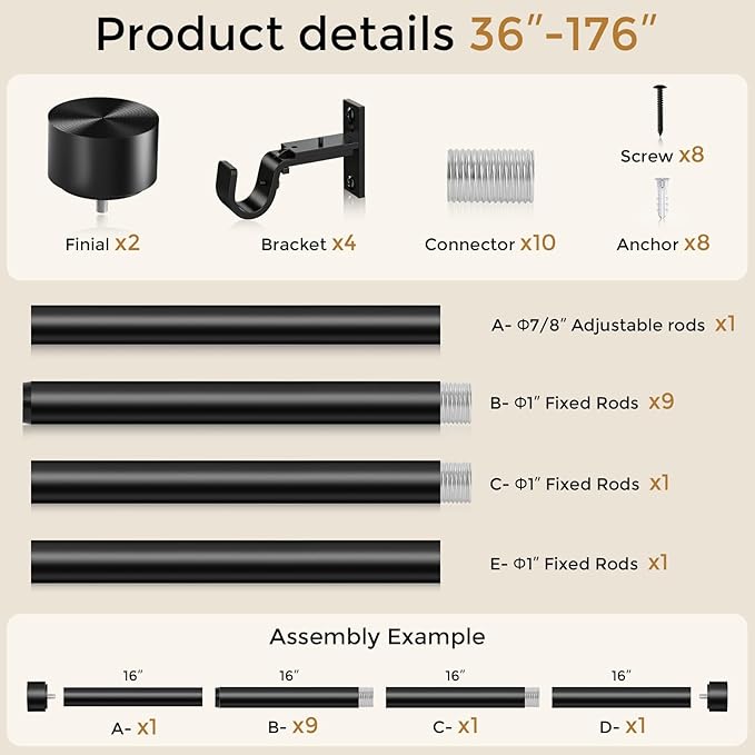 Heavy Duty Curtain Rod 34 to 186 Inch, Black 1 Inch Adjustable Extra Long Curtain Rods for Windows, Decorative Window Treatment Rods with Modern Solid Aluminum Finials, Easy Installation