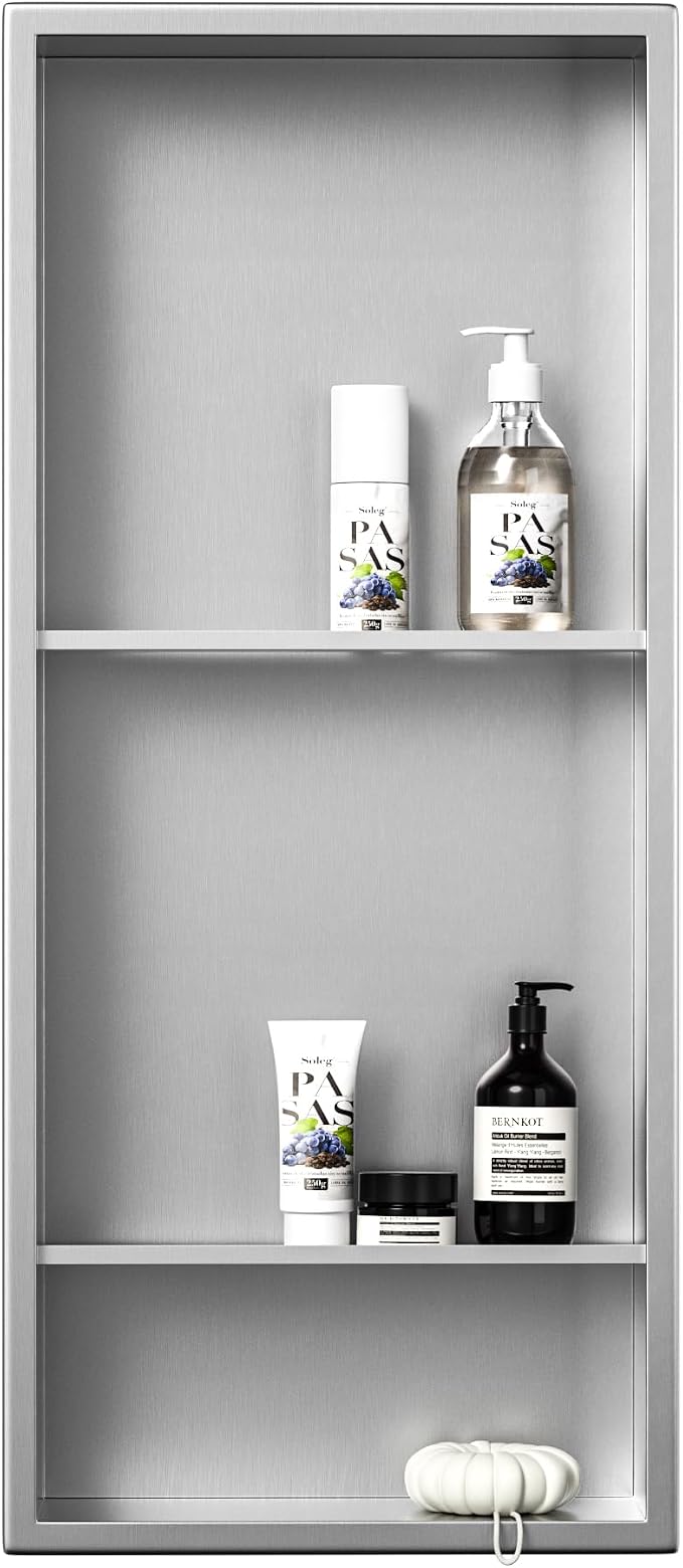 Stainless Steel Shower Niche 30" X 12" Brushed with 3-Tier Shelves No Tile Needed Niche Shower for Bathroom Storage Recessed Shower Shelf