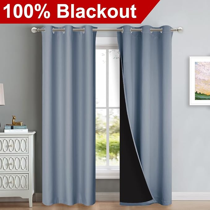 NICETOWN Blackout Curtains 80 inches Long, Vintage Blue, 2 Pieces, 42" Wide Each Panel, Full Light Blocking Drapes with Black Liner for Nursery, Thermal Insulated Draperies for Hall, Villa