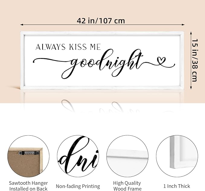 Always Kiss Me Goodnight Wall Sign 42''×15'' Large Above Bed Wall Decor Bedroom Sign Bedroom Decor with Solid Wood Framed, Couples Love Theme Wall Decor (White)