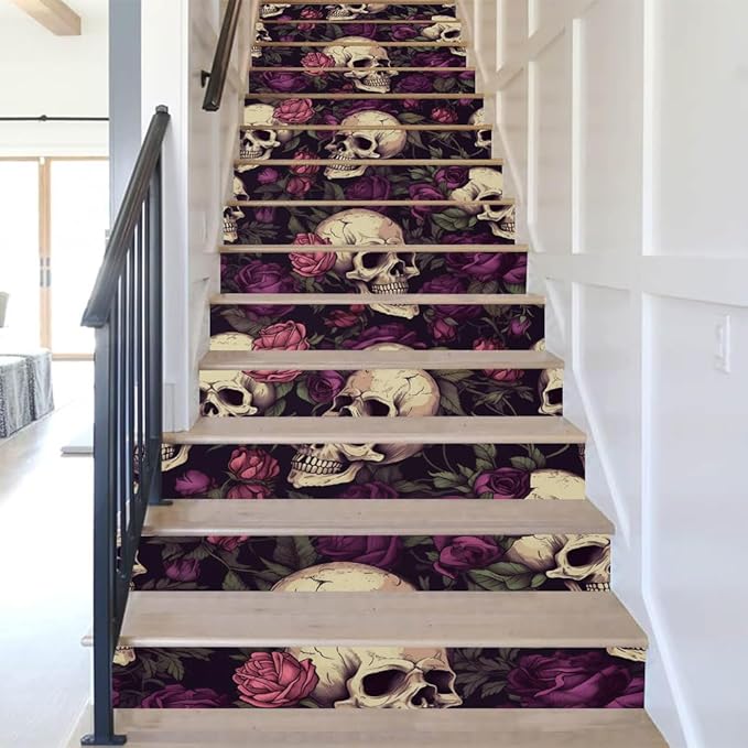 REDAMANCY Vintage Purple Rose Floral Skull Gothic Peel and Stick Vinyl Stair Riser Decals Staircase Tile Stickers Decor Modern Marble Decoration Self-Adhesive(14 Pcs)