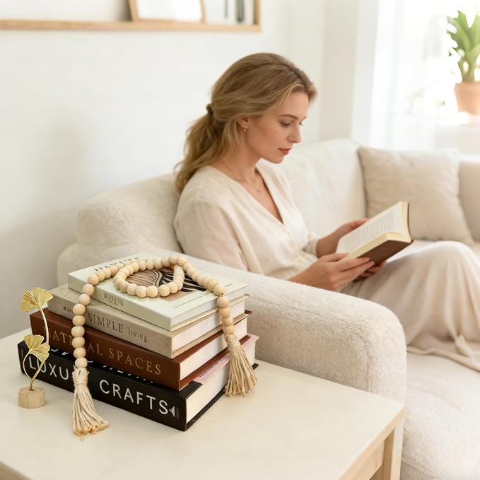 4PCS Decorative Book w/Wood Knot & Gold Ginkgo Leaf Statue, Book Shelf Decor Minimalist Linen Hardcover Faux/Fake Books for Coffee Table Home Decor Living Room Decoration, Photo Storage