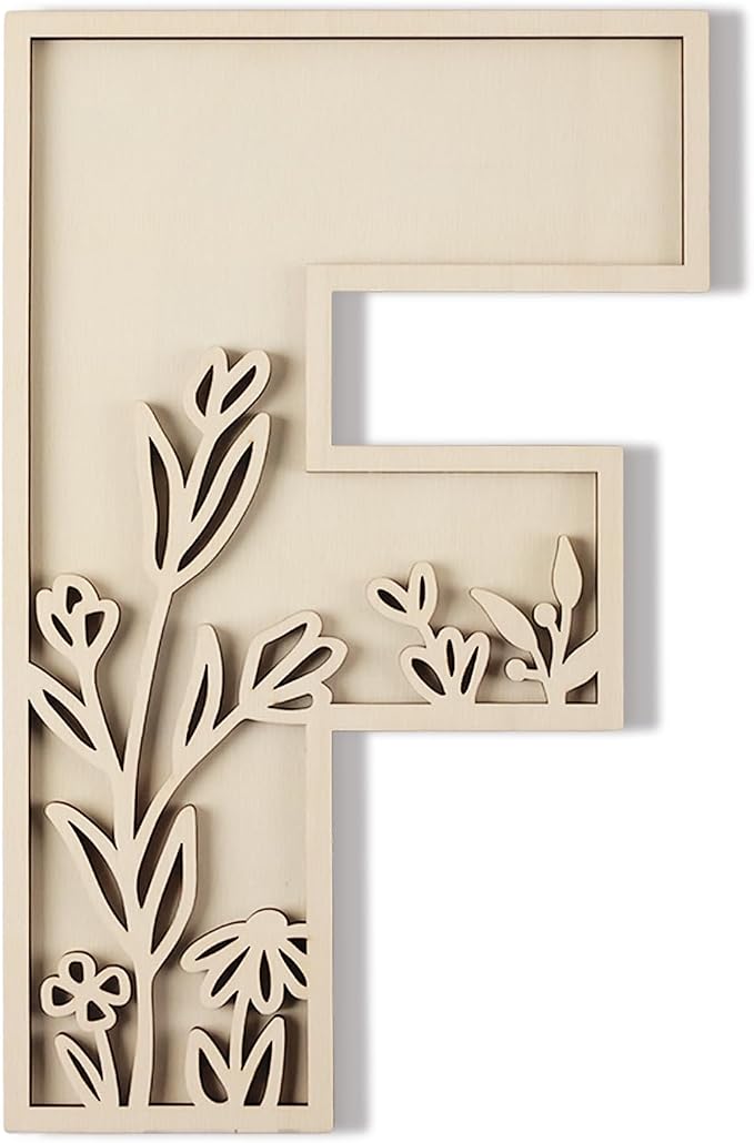 Layered 12 Inch Large Wooden Letters for Wall Decor, Flowered Paintable Wooden Nursery Letters for Crafts Wood Alphabet Letter F for Birthday Boho Nursery Name Sign Wedding Home Decoration