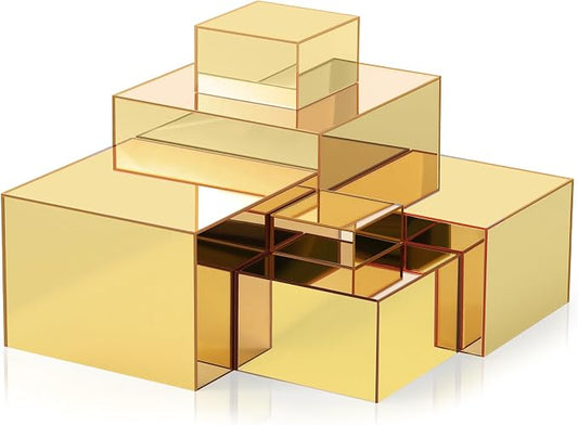 Geelin 6 Pack Acrylic Risers for Display Acrylic Cube Boxes Risers Display Stands with Hollow Bottoms Decorative Stand for Jewelry Candy Table Decor 6 Sizes(Gold,3 to 8 Inch,Square)