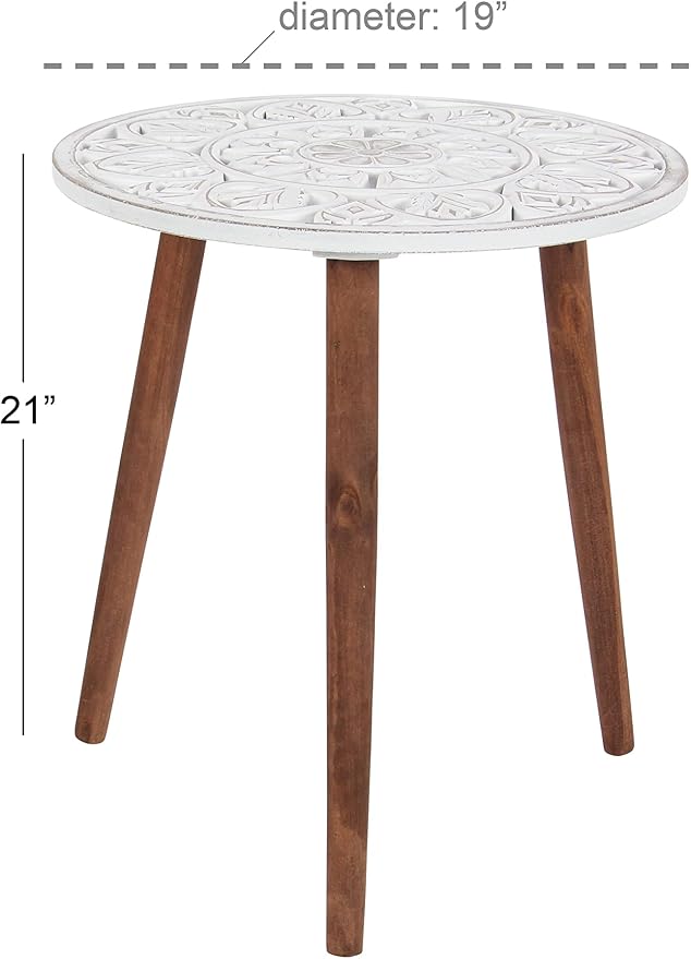 Deco 79 Wood Floral Handmade Side End Accent Table Intricately Carved End Table with 3 Slender Legs, Side Table 19" x 19" x 21", White