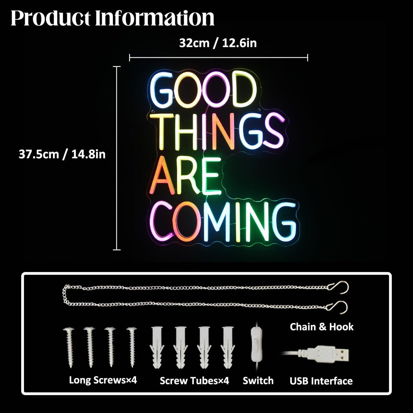 Good Things Are Coming Neon Sign Colorful Letters Neon Lights Signs Motivational Decor Inspirational Quotes LED Neon Signs for Wall Bedroom Bar Office Man Cave Dorm Decor Birthday Gifts