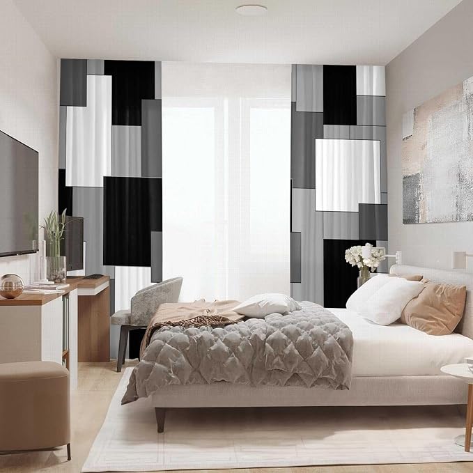 Black and Grey Curtains for Living Room 84 Length Geometry Curtains Modern Black White Gray Abstract Rod Pocket Curtain for Bedroom Kitchen Room Window Drapes 2 Panels