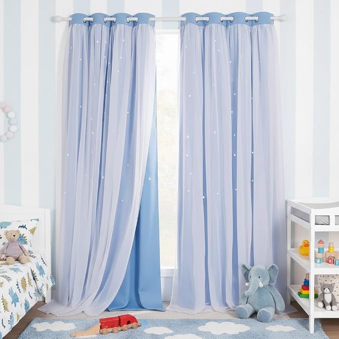 NICETOWN Kids Boys Blackout Curtains, Double-Deck Sheer Panel & Star Drapes for Living Room, Window Treatments with Tie Backs (Blue, 1 Pair, W52 x L95)