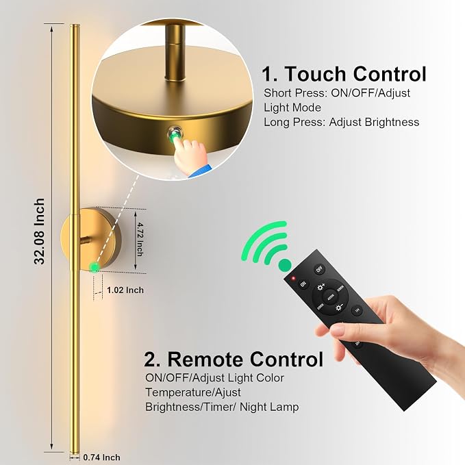 Tartek Battery Operated Wall Sconces Set of Two, Rechargeable Wall Lights with Remote Control, Dimmable 3000K-6000K LED Wall Lamp, 360°Rotate, Long Wireless Sconces for Living Room, Bedroom
