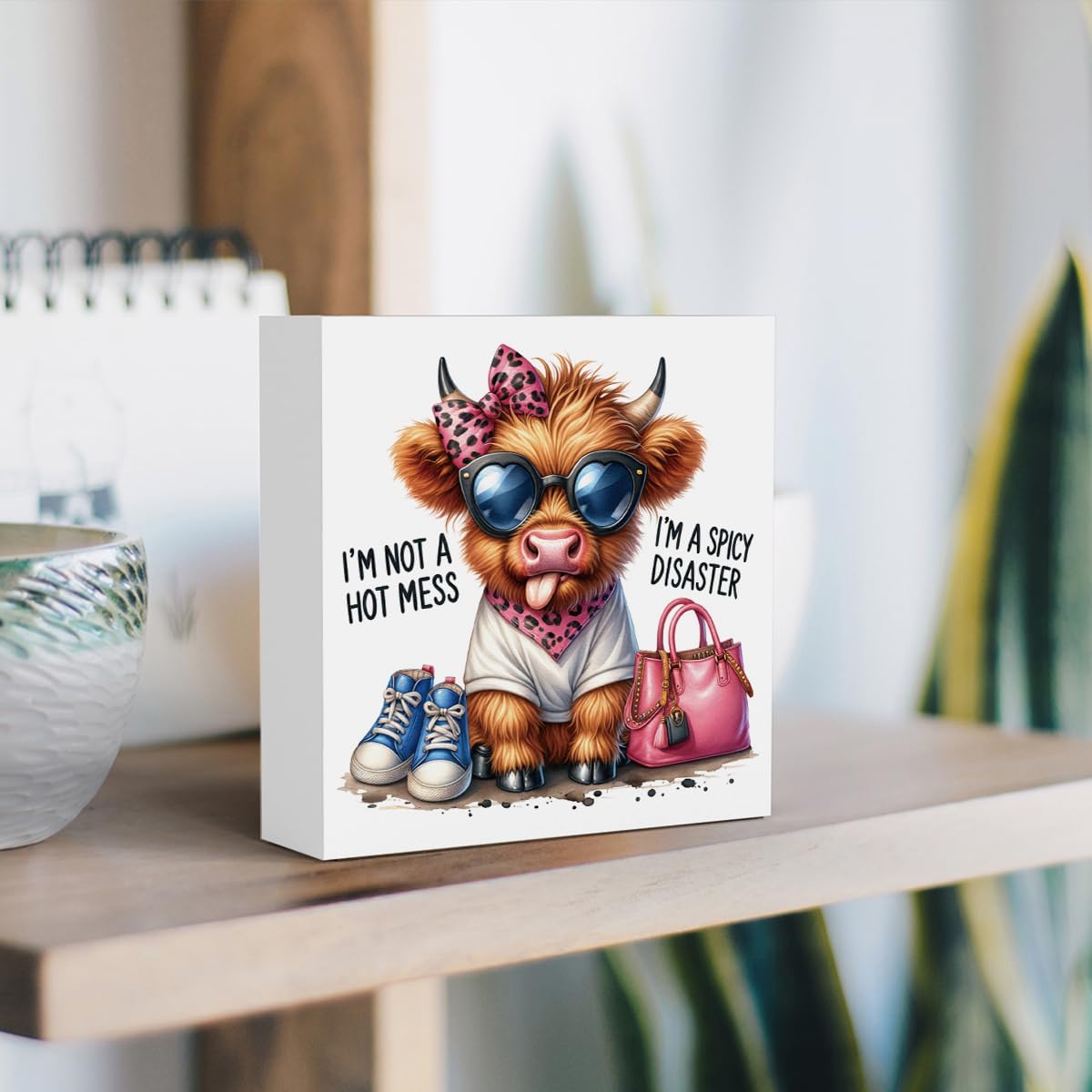 Funny Cute Highland Cow Baby Decor, Cow With Pink Bow, Highland Cow Gifts for women, Western Highland Cow Nursery Decor, Wooden Box Decor Sign for Home Farmhouse Office Living Room Table Shelf