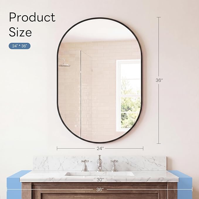 Sweetcrispy 24"x36" Oval Black Bathroom Mirrors for Wall, Bathroom Mirrors for Over Sink, Metal Framed with HD Shatter-Proof Glass for Entryway, Living Room, Bedroom