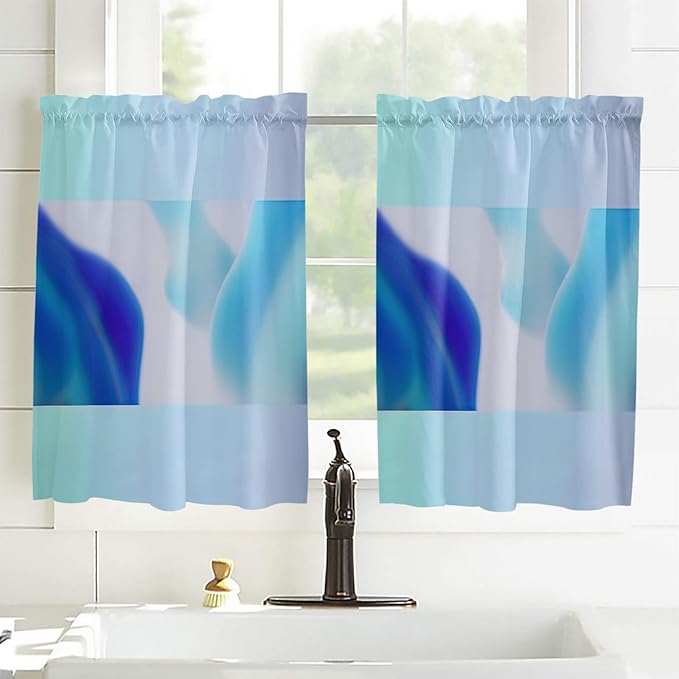 Kitchen Tier Curtains 45 inches Length, Blue White Ombre Teal Turquoise Gradient Window Curtains for Living Room Bath Cafe,Rod Pocket Light Filtering Drapes Short Half Window Treatment Tiers 2 Panels