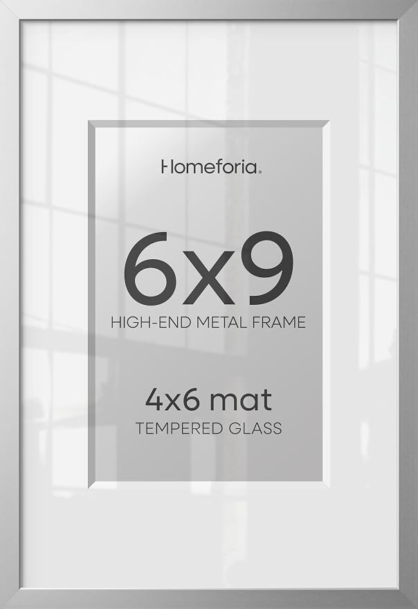 Homeforia Silver Photo Frame 6x9, High End Metal 6 x 9 Silver Picture Frames with Mat 4 x 6, 6by9 Desk Frame Matted to 4x6 inch Print, 6 by 9 Wall or Tabletop Frames, Tempered Glass, Wall Kit, Set of 1