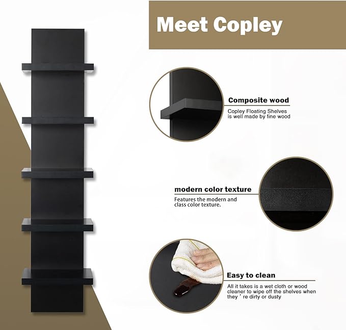 Homaterial 5 Tier Shelvesl, Vertical Column Wall Decor Mount Floating Shelves for Bedrooms, Living Rooms, Natural Finish Wall Shelf, Black