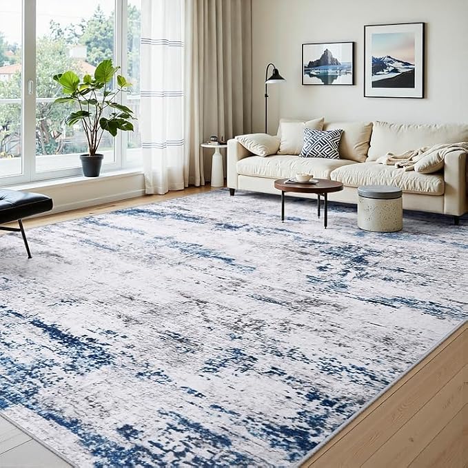 Area Rugs 10x14 Living Room: Large Soft Washable Rug Modern Abstract Anti-Skid Non-Shedding Carpet Indoor Floor Thin Carpets for Bedroom Dining Room Farmhouse Nursery Home Office White Gray Blue