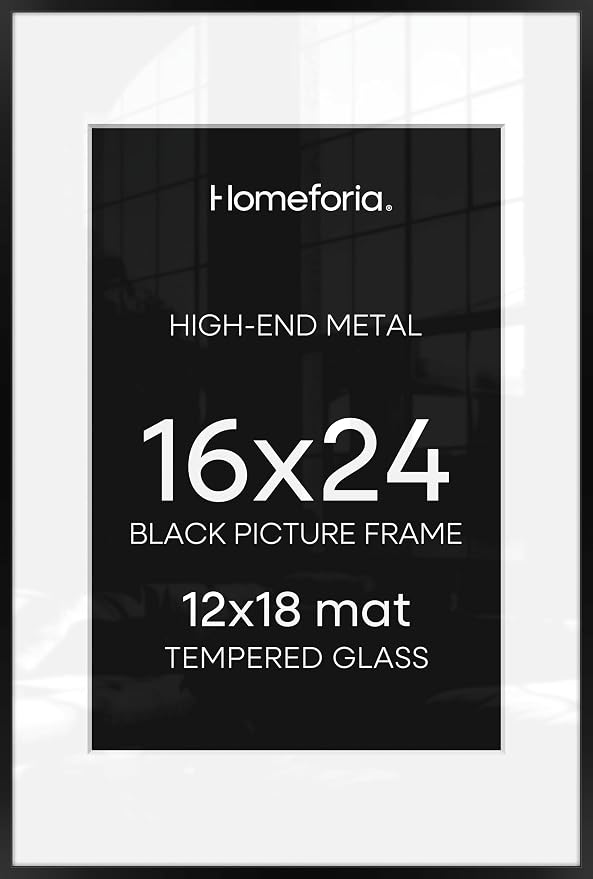 Homeforia 16 x 24 Picture Frame Black, High End Metal 24x16 Poster Frame, 16 x 24 Black Frames Matted to 12 by 18 inch Print, 24by16 Thin Frame with Mat 12x18 Photo, Tempered Glass, Wall Kit, Set of 4