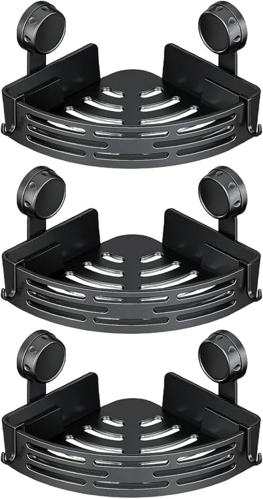 2026 New Corner Shower Shelf Suction Cup Shower Caddy, No Drilling Bathroom Storage Rack, Corners Organizer Storage Rack Adhesive with Towel Bar (Black three-layer)