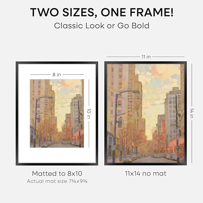 Homeforia Black 11x14 Picture Frame, High End Metal 11x14 Poster Frames with Mat 8x10, 11 x 14 Black Frame Matted to 8 x 10 inch Photo, 11 by 14 Thin Hanging Frames, Tempered Glass, Wall Kit, Set of 4