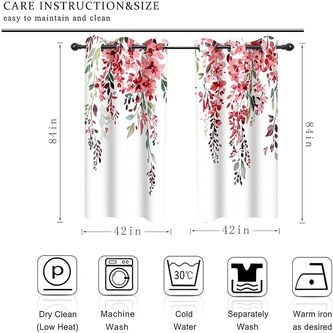 Red Watercolor Floral Curtains 84 inches Long, Botanical Leaves Vine Flowers Rustic Farmhouse Curtains, Blackout Window Treatment Drapes for Bedroom Living Room 42x84inch, 2 Panels