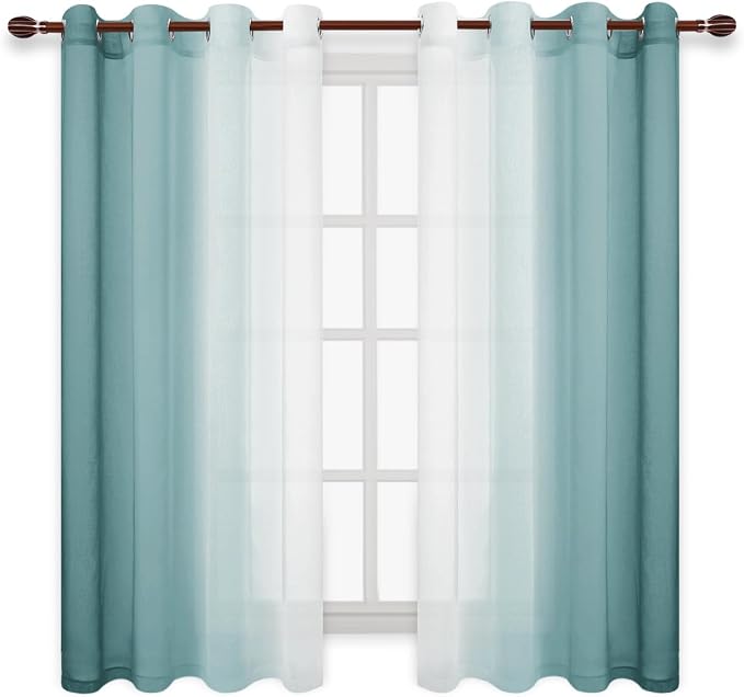 DWCN Faux Linen Ombre Sheer Curtains - Short Gradient Semi Voile Panels for Kitchen and Living Room, Set of 2 Grommet Top Window Curtains, W52 x L54 Inches, Peacock Blue