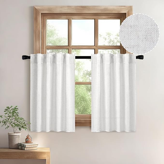 MIULEE White Curtains 30 Inch Length 2 Panels, Soft Thick Linen Textured Semi Sheer Light Filtering Kitchen Window Curtains Over Sink Small Tier Curtains for Bathroom Window Back Tab Rod Pocket