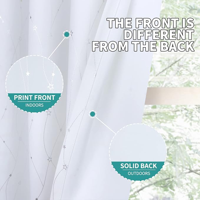 BGment Star & Lines Pure White Room Darkening Curtains 84 Inch Length 2 Panels Set, Thermal Insulated Privacy Grommet Window Drapes for Kids Boys Bedroom, 52 x 84 Inch
