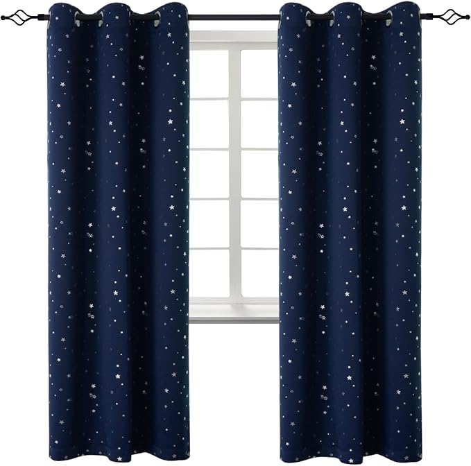 BGment Navy Star Blackout Curtains for Kid's Bedroom - Grommet Thermal Insulated Room Darkening Printed Curtains for Living Room, Set of 2 Panels (42 x 84 Inch, Dark Blue)