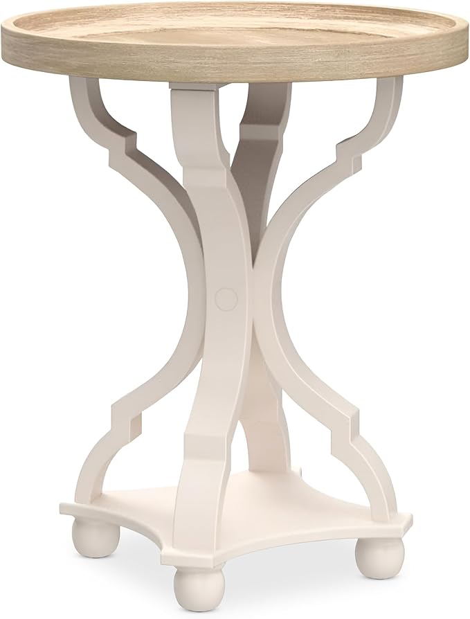 COZAYH Farmhouse Cottagecore End Table, Rustic Wood Tray Top Round Accent Table with White Curved Legs for Family Room, Living Room, or Small Spaces