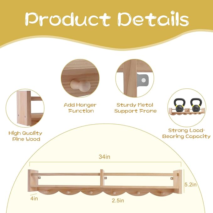 34Inch Nursery Book Shelves Wall Mounted, Floating Book Shelf for Kids Coat Rack with 6 Hooks, Wall Hanging Shelf for Baby Nursery Room Organizer ，Patent Number:US-D1058229-S(4, Burlywood)