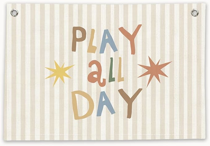 RTXLEZM Playroom Wall Decor,Play All Day Canvas Banner Hanging | Neutral Striped Play Room Wall Art for Kids Little Toddler Boy Girl Nursery Room Bedroom Playroom Classroom Decor 20x30