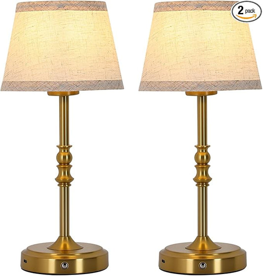 Small Gold Rechargeable Table Lamp,12-14 Inch Tall Vintage Style,Battery Powered Cordless Desk Lamp,Mini Touch Control Bedside Lamp,Warm Light 3000K for Nightstand Bedroom Counter Living Room-2 Pack