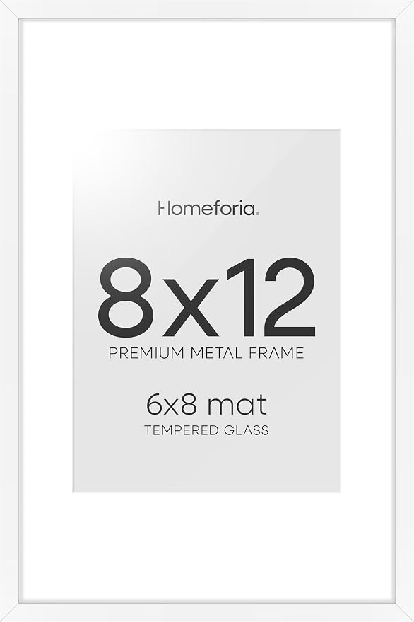 Homeforia 8x12 Picture Frame White, High End Metal 8 x 12 Poster Frames with Mat 6 by 8 for Photo, 12x8 Frame Matted to 6x8 inch Print, 8by12 Wall or Tabletop Frame, Tempered Glass, Wall Kit, Set of 2