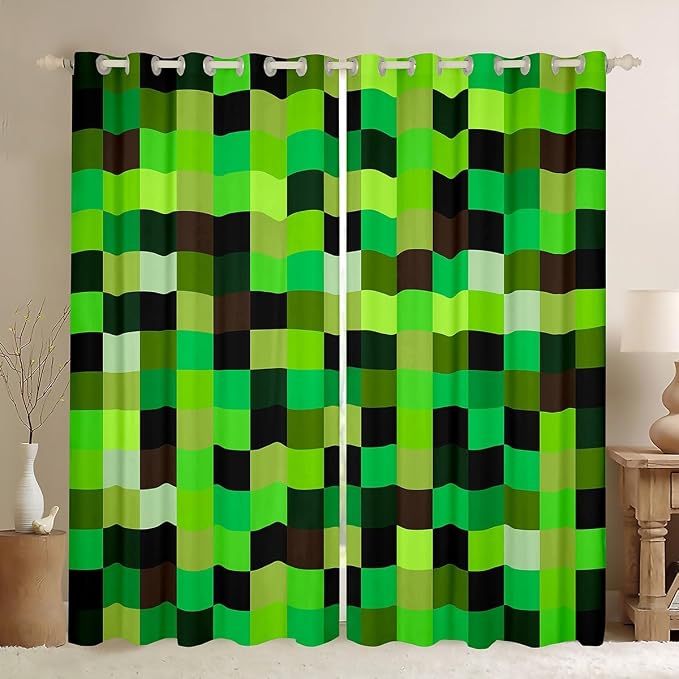 Castle Fairy Green Pixelated Grid Window Curtain,Miners Build Games Blackout Window Treatment,Teens Woman Men Gradient Square Block Bedroom Curtains Soft Cozy Living Room Decor Top 2 Panels,52Wx90L