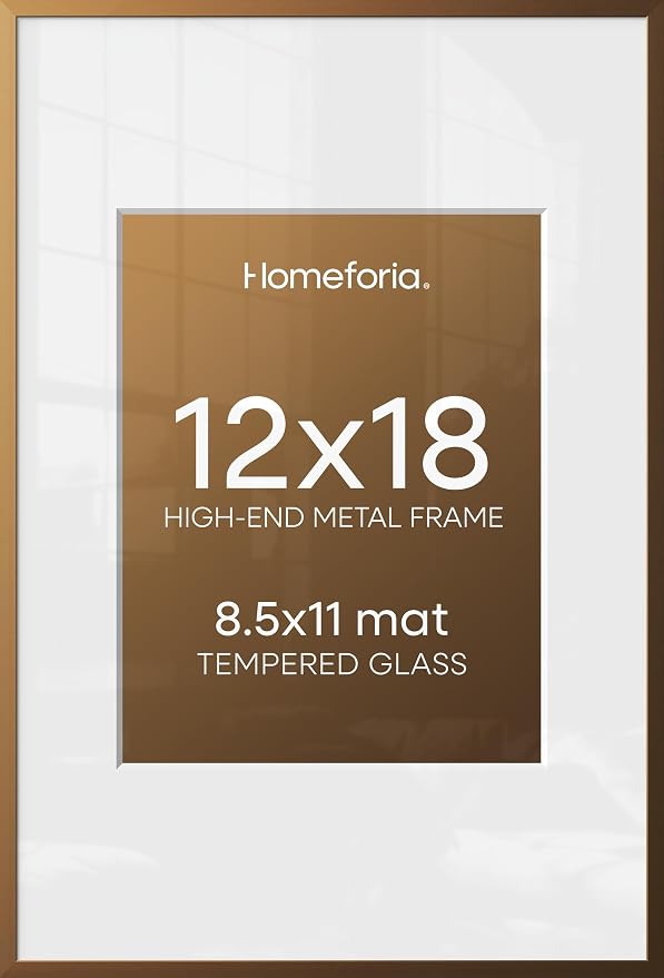 Homeforia 12x18 Bronze Picture Frame, High End Metal 12x18 Brass Poster Frames with Mat 8.5x11 Photo, 12 x 18 Frame Matted to 8.5 by 11 inch Print, 18x12 Thin Frame, Tempered Glass, Wall Kit, Set of 3