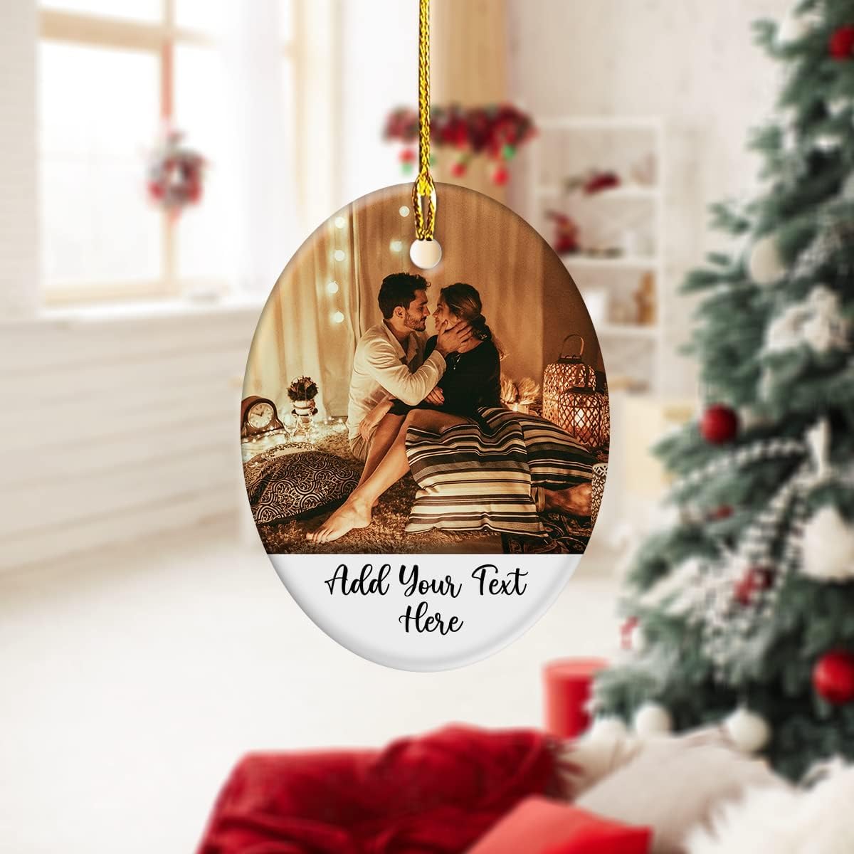 Custom Christmas Ornament with Photo Picture Personalized Oval Shaped Ceramic Ornament Pictures Photos Text Message Keepsake Decorations for Couple Family Friends Gifts Xmas Tree Decor Gift