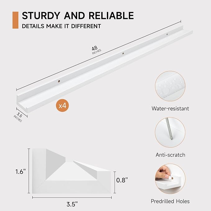 Fun Memories Picture Ledge Shelf for Wall, Floating Shelves Set of 4, 48 Inch Long Nursery Book Shelves for Toys Storage, Kids Bookshelf Wall Mounted for Books Photo Frames, White