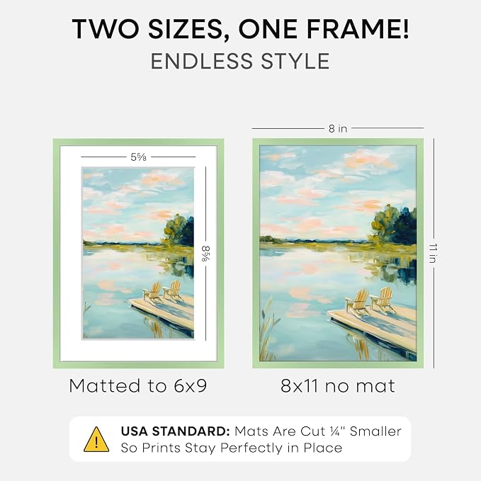 Homeforia 8x11 Picture Frame Sage Green, High End Metal 8 x 11 Poster Frames with Mat 6 by 9 Photo, 11x8 Frame Matted to 6x9 inch Art, 8by11 Wall or Tabletop Frames, Tempered Glass, Wall Kit, Set of 2
