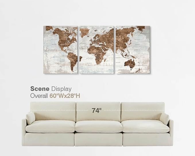 Office Wall Art Canvas World Map Motivational Living Room Pictures | Large Framed Vintage Wall Decor for Men Women Bedroom Home Travel Global Brown Artwork