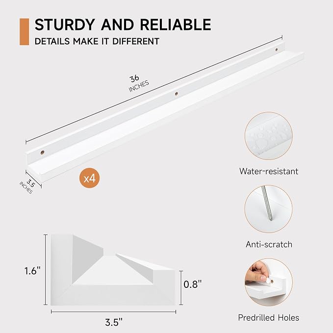 Fun Memories Picture Ledge Shelf for Wall, Floating Shelves Set of 4, 36 Inch Long Nursery Book Shelves for Toys Storage, Kids Bookshelf Wall Mounted for Books Photo Frames, White