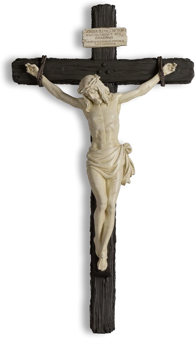 DevotedWalls 20.75" H Catholic Realistic Style Crucifix for Wall, Renaissance Large realistic Jesus Chirst Cross for Church, Chapels and Home (Black and White Color)