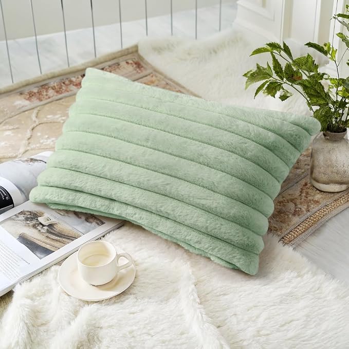 decorUhome Fall Cozy Faux Fur Throw Pillow Covers 12x20 Set of 2 Decorative Soft Plush Striped Lumbar Modern Farmhouse Boho Couch Pillow Cases with Velvet Back for Sofa Bed Living Room, Sage Green
