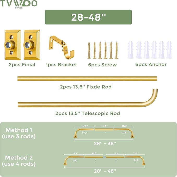 TVWOO Gold Wrap Around Curtain Rods 28 to 48 Inch:Blackout Adjustable Window Curtain Rod,Room Darkening Heavy Duty Curved French Metal Single Drapery Rods for Bedroom Kitchen Easy Install,Brass Gold