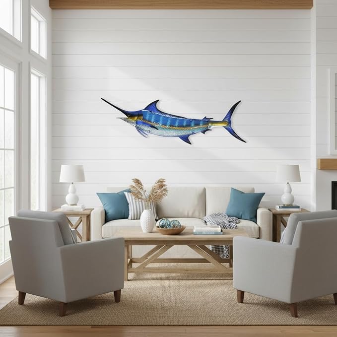 LIFFY Metal Blue Marlin Wall Decor Indoor Metal Fish Wall Art Large Fish Wall Hanging Decorations Ocean Theme Outdoor Wall Decor for Patio,Garden,Yard - 36 Inches Long