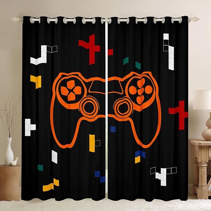 Feelyou Kids Gamer Window Curtains Geometric Gaming Darkening Drapes Game Blackout Curtains Boys Girls Gamepad Teens Window Treatments Bedroom Decor (2 Panels, 52 x 63 Inch)