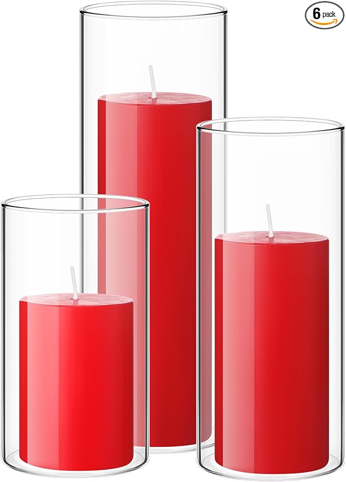 Shihanee Set of 3 Pillar Candles and 3 Glass Cylinder Candle Vases Holders Clear Pillar Jars for Wedding Centerpieces(2.6'' X 4.7'', 5.9'', 7.9'',Red)