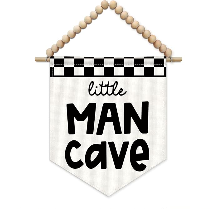 Little Man Cave Boys Room Wall Art Decor, Kids Room Decor, Race Car Checkered Boho Wall Hanging Display Pennant Flag for Kids Boys Nursery Toddler Rooms Bedroom Playroom