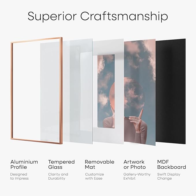 Homeforia 18x24 Frame Rose Gold, High End Metal 18x24 Poster Frames with Mat 16x20 inch Photo, 18 x 24 Rose Gold Picture Frame Matted to 16 by 20 Print, 24x18 Frame, Tempered Glass, Wall Kit, Set of 2