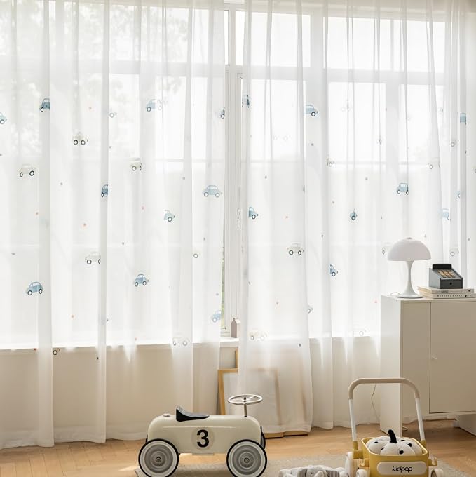 KMSG Cartoon Car Pattern Printed Sheer Curtains for Bedroom Living Room | Lovely Car Light Filtering Curtain Drapes for Playrooms Voile Tulle Window Treatments Grommet Top 1 Panel W55 x L94 Inch