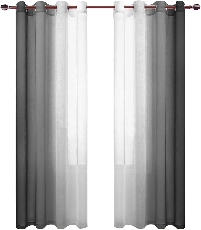 DWCN Black Ombre Faux Linen Sheer Curtains - Extra Long Gradient Semi Voile Light Filtering Grommet Top Bedroom and Living Room Curtains, 52 x 102 Inches Long, Set of 2 Window Curtain Panels